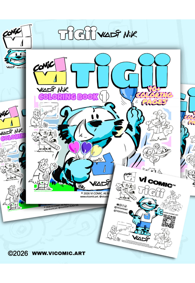TiGii Coloring Book 1 by Vladi Nik / Vi Comic, Front Cover, Pop Art Coloring Pages for Kids and Adults