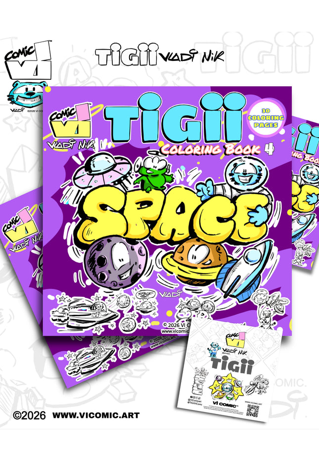 TiGii Coloring Book 4: SPACE by Vladi Nik / Vi Comic, Front Cover, Pop Art Coloring Pages for Kids and Adults