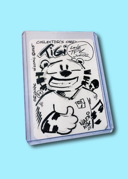 Hand-drawn collector’s card by Art Vladi Nikolov for the VI Comic TRK Junior Limited Edition T-shirt Drop.