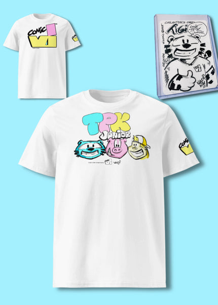 TRK Junior T-Shirt Drop – Limited Edition set featuring VI Comic apparel and promotional display.