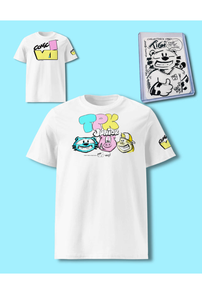 TRK Junior T-Shirt Drop – Limited Edition set featuring VI Comic apparel and promotional display.