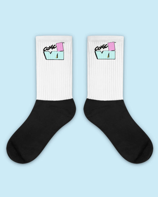 VI Comic logo blue socks with vibrant design