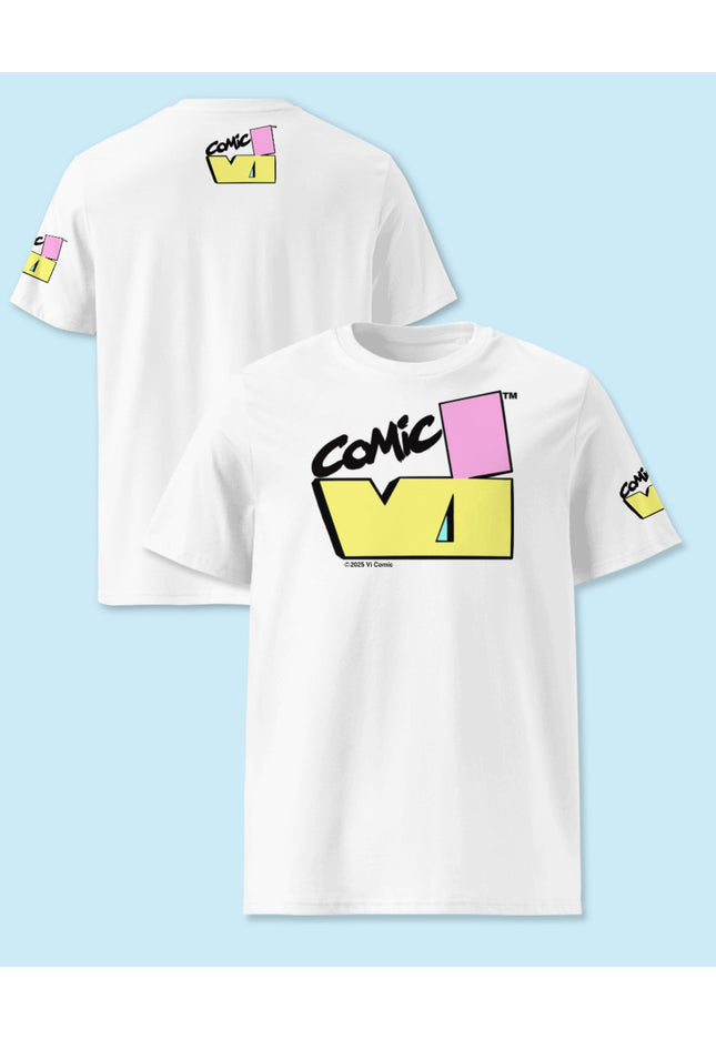VI Comic logo T-shirt front and back views