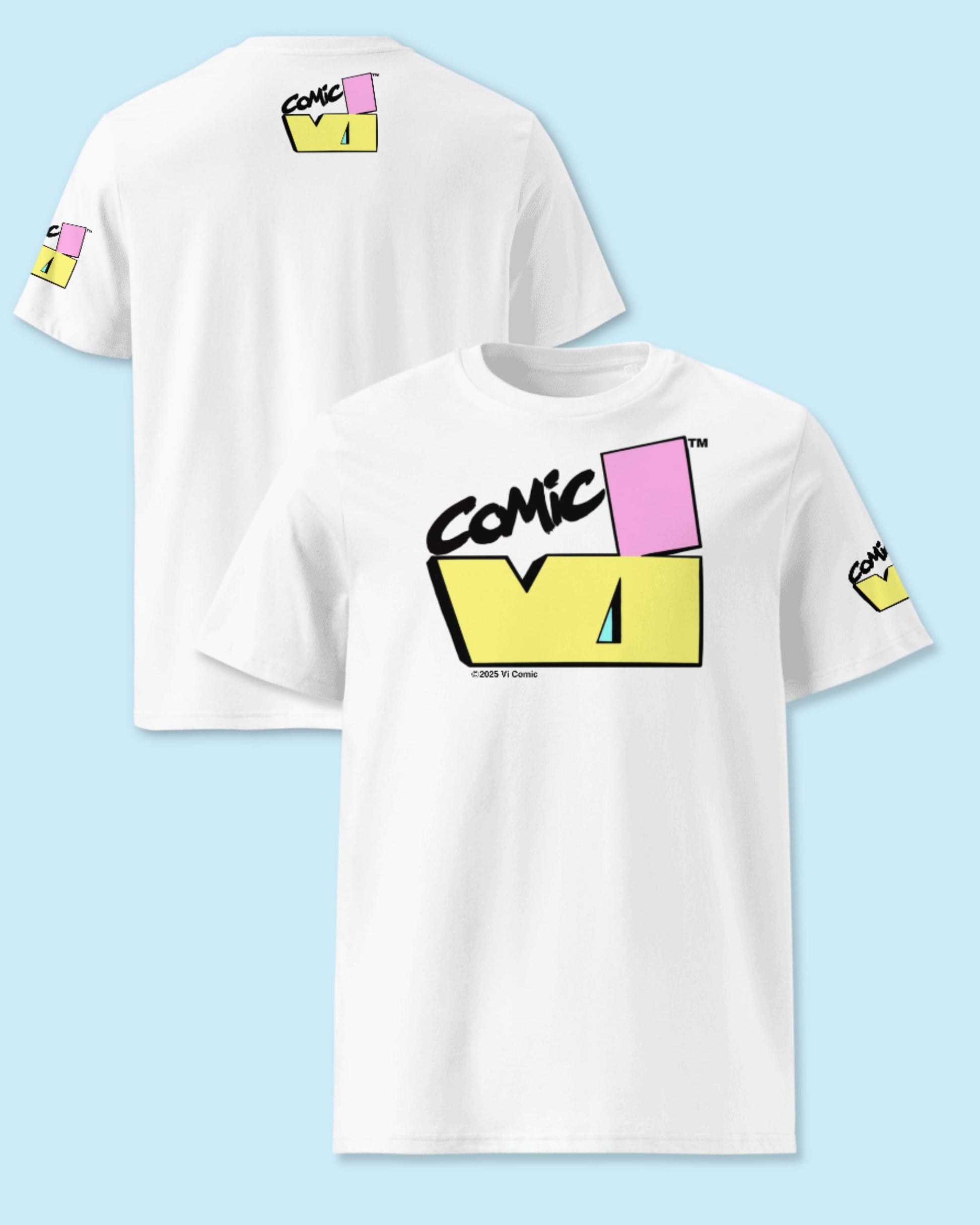 VI Comic logo T-shirt front and back views