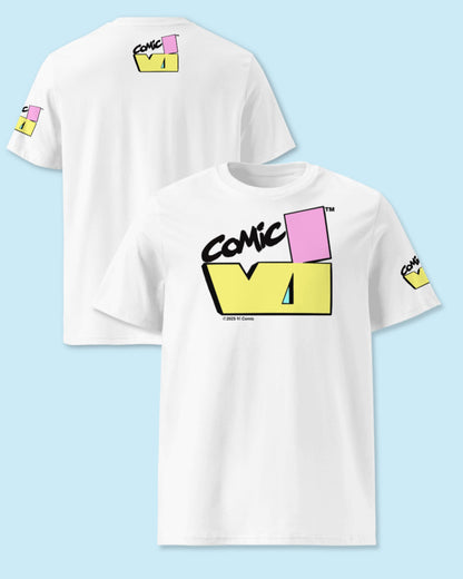 VI Comic logo T-shirt front and back views
