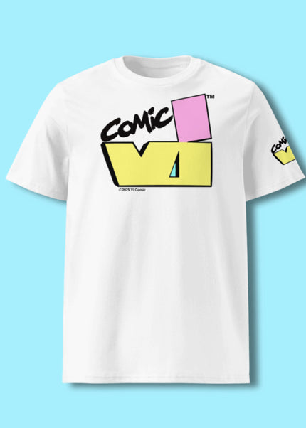 White T-shirt with the official VI Comic logo in colorful pop-art style.